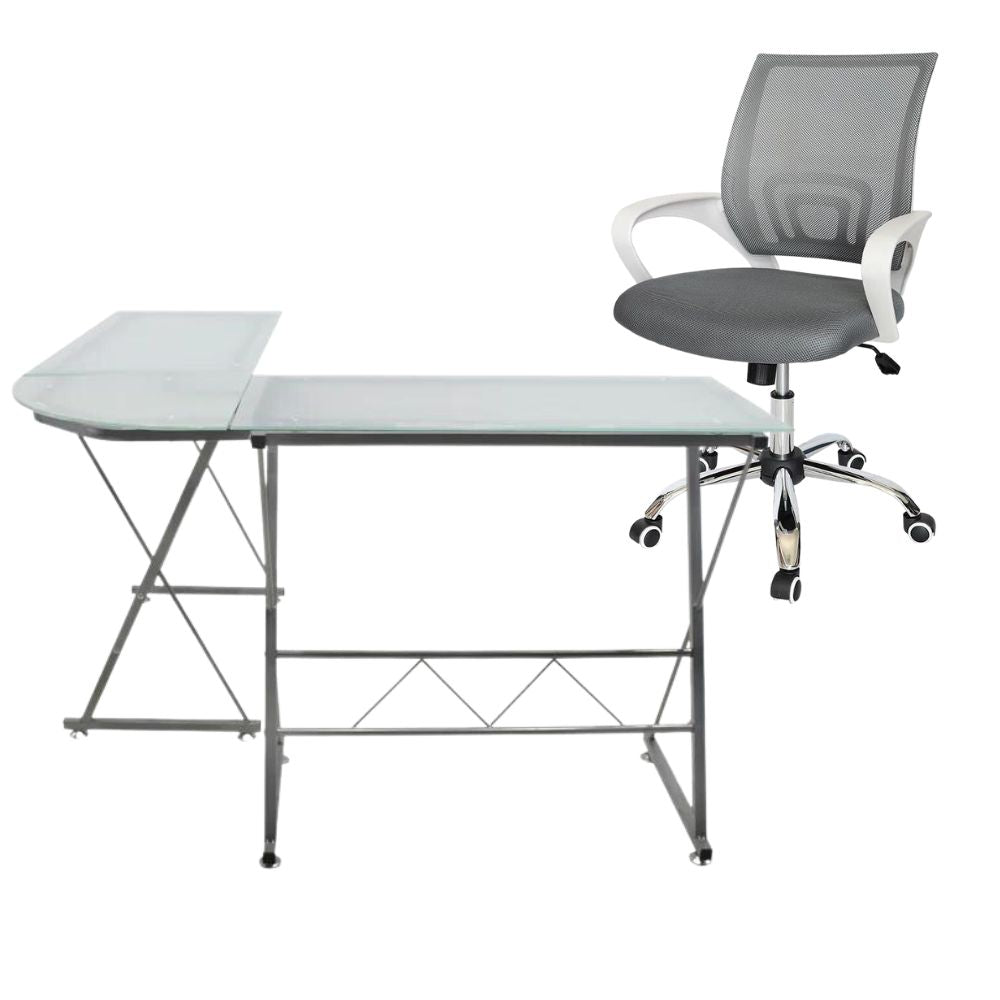 Paquete de escritorio de cristal esmerilado + silla ecochair blanca