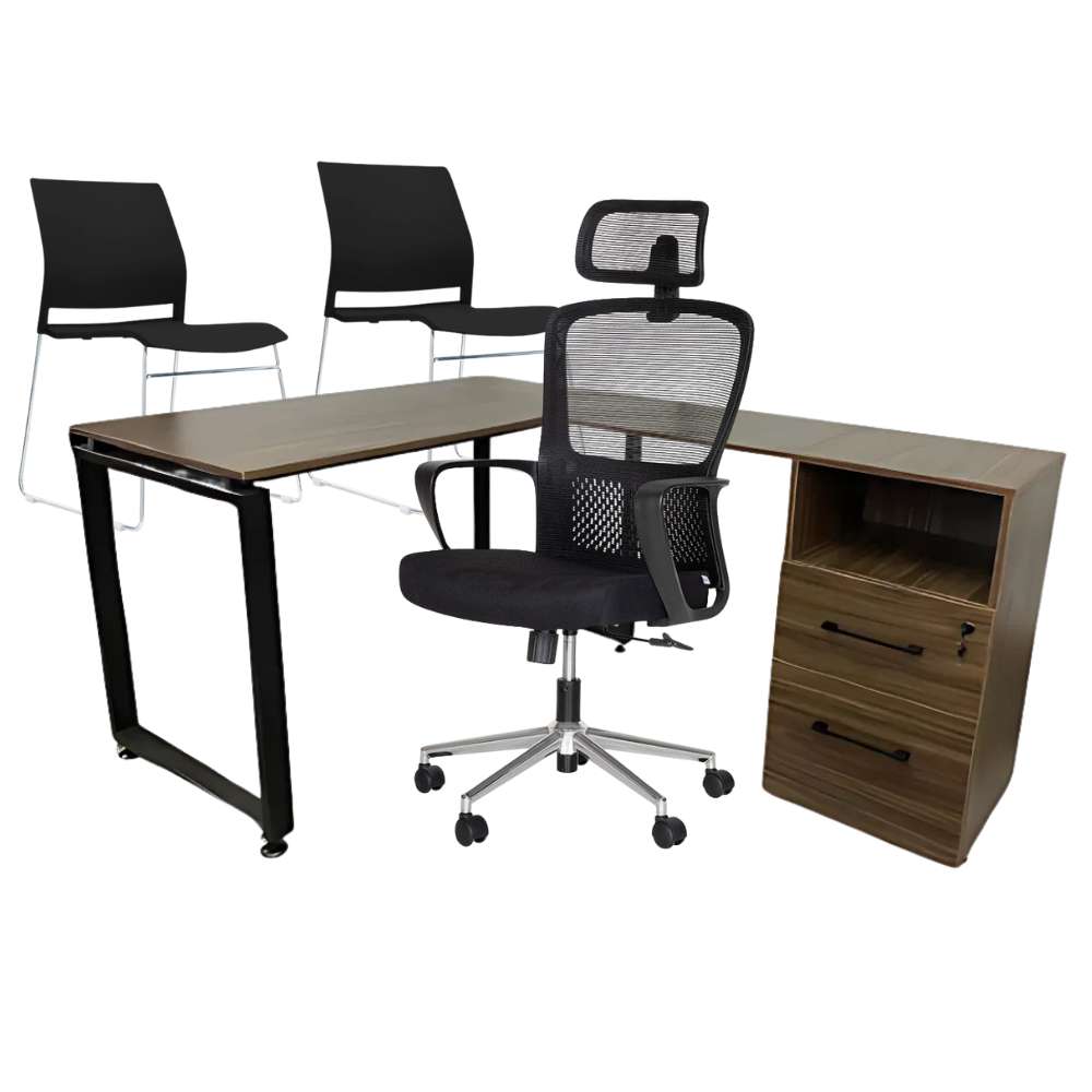 Escritorio ejecutivo en L + silla ejecutiva + 2 sillas de visita
