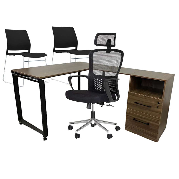 Escritorio ejecutivo en L + silla ejecutiva + 2 sillas de visita + 1 mueble multiusos de regalo